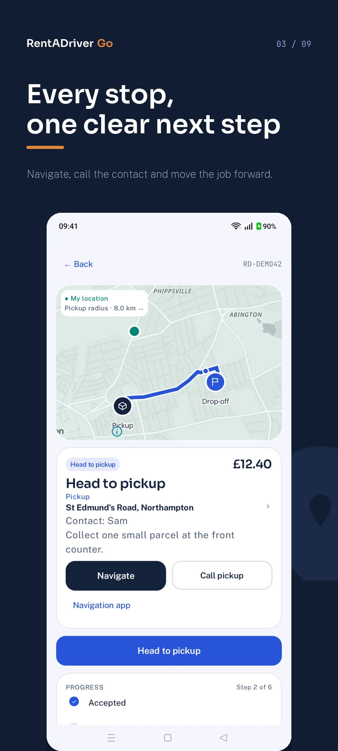 Android · Pickup details · RentADriver Go