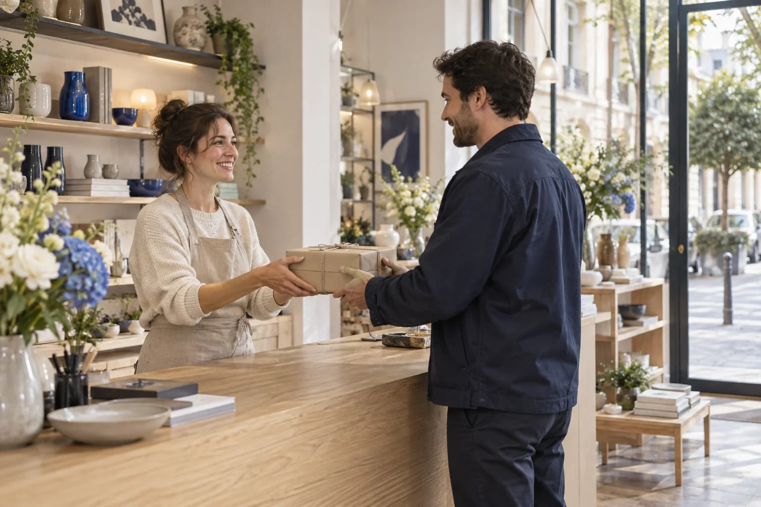 A shop owner hands a wrapped order to a delivery driver at a neighborhood store counter.